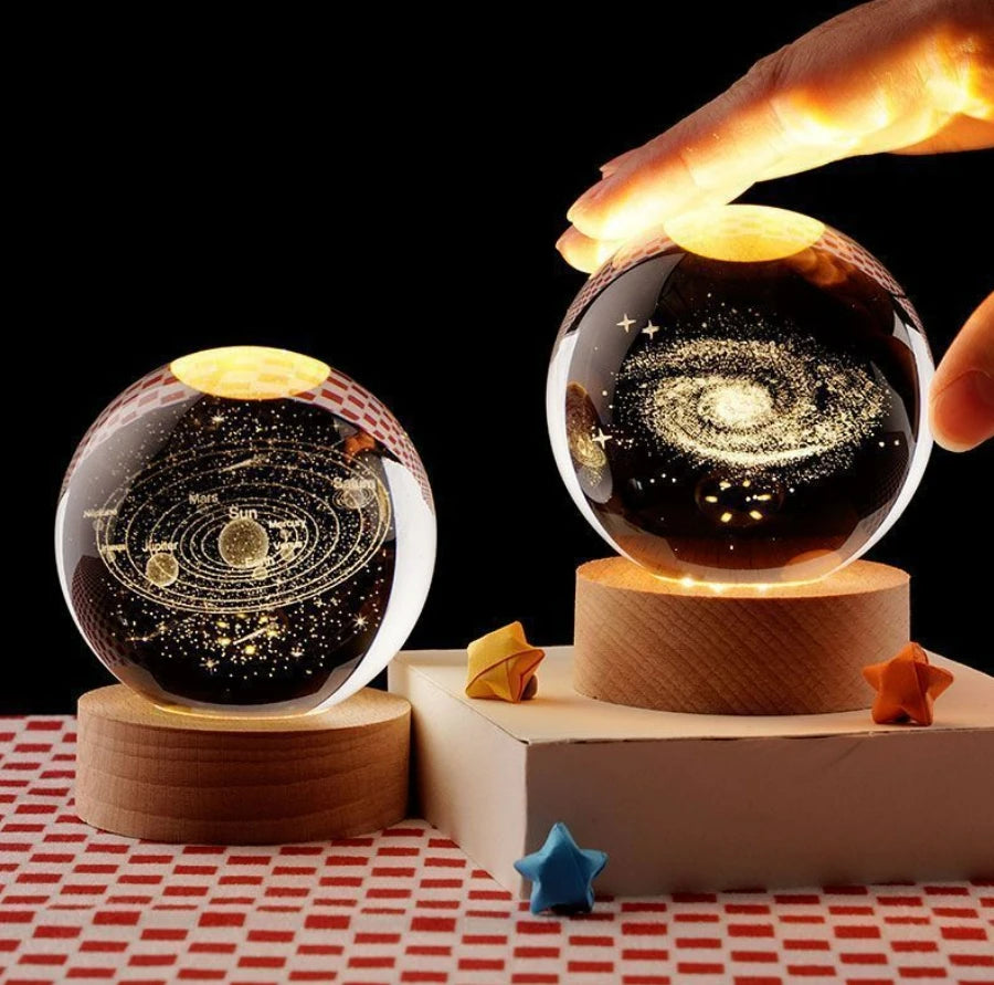 Galaxy Crystal Ball LED Night Light – 3D Planet Glow & Wooden Base | Smart Innovation