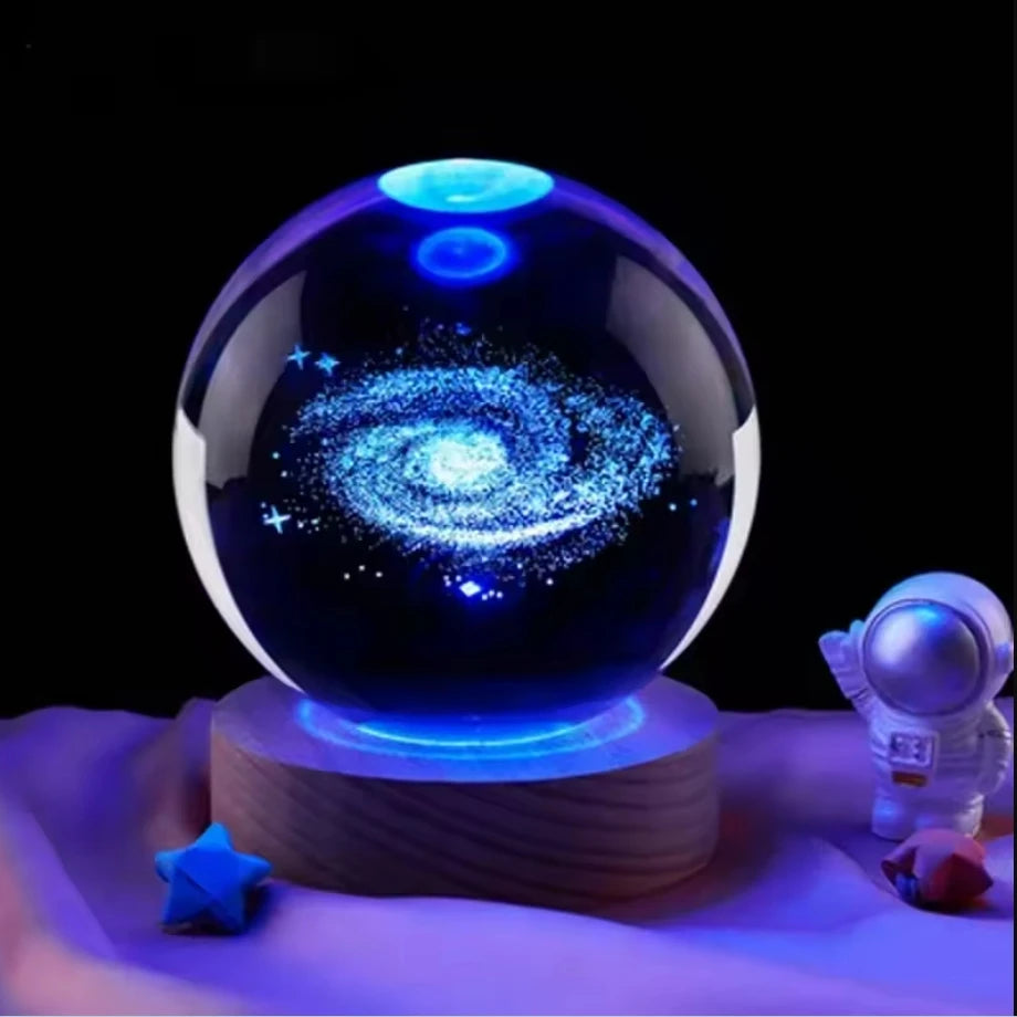 Galaxy Crystal Ball LED Night Light – 3D Planet Glow & Wooden Base | Smart Innovation