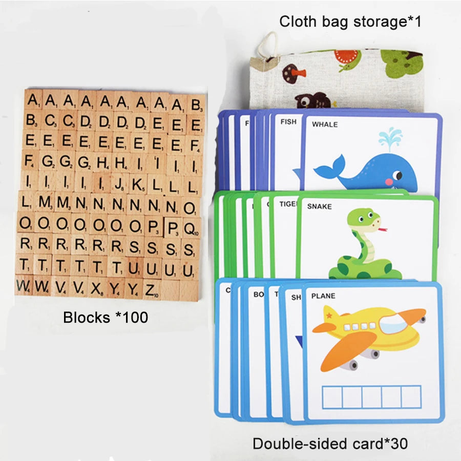 Montessori Wooden Spelling Puzzle – 100pcs Learning & Word Matching Game | Family Care