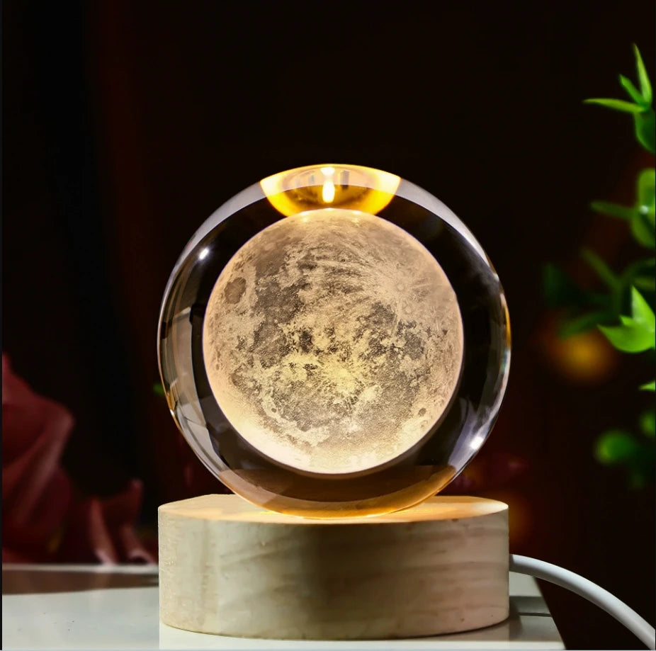 Galaxy Crystal Ball LED Night Light – 3D Planet Glow & Wooden Base | Smart Innovation