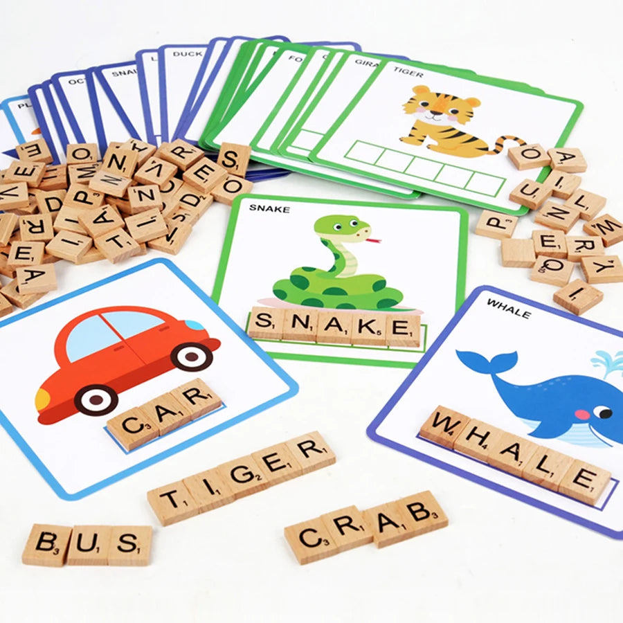 Montessori Wooden Spelling Puzzle – 100pcs Learning & Word Matching Game | Family Care