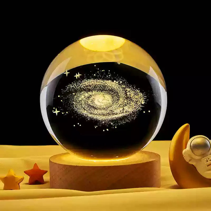 Galaxy Crystal Ball LED Night Light – 3D Planet Glow & Wooden Base | Smart Innovation