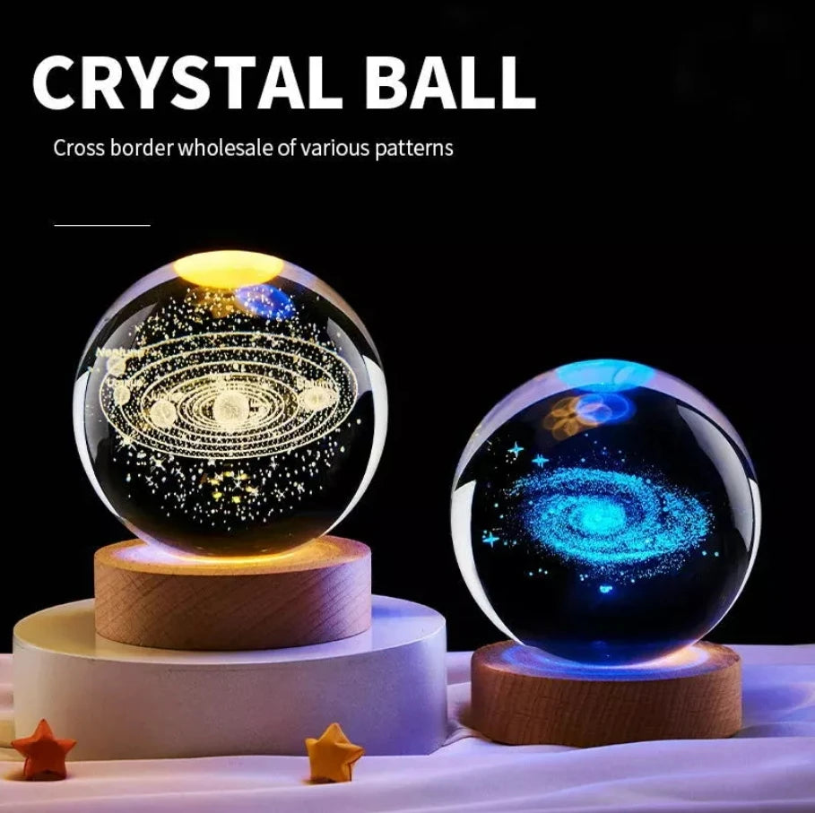 Galaxy Crystal Ball LED Night Light – 3D Planet Glow & Wooden Base | Smart Innovation