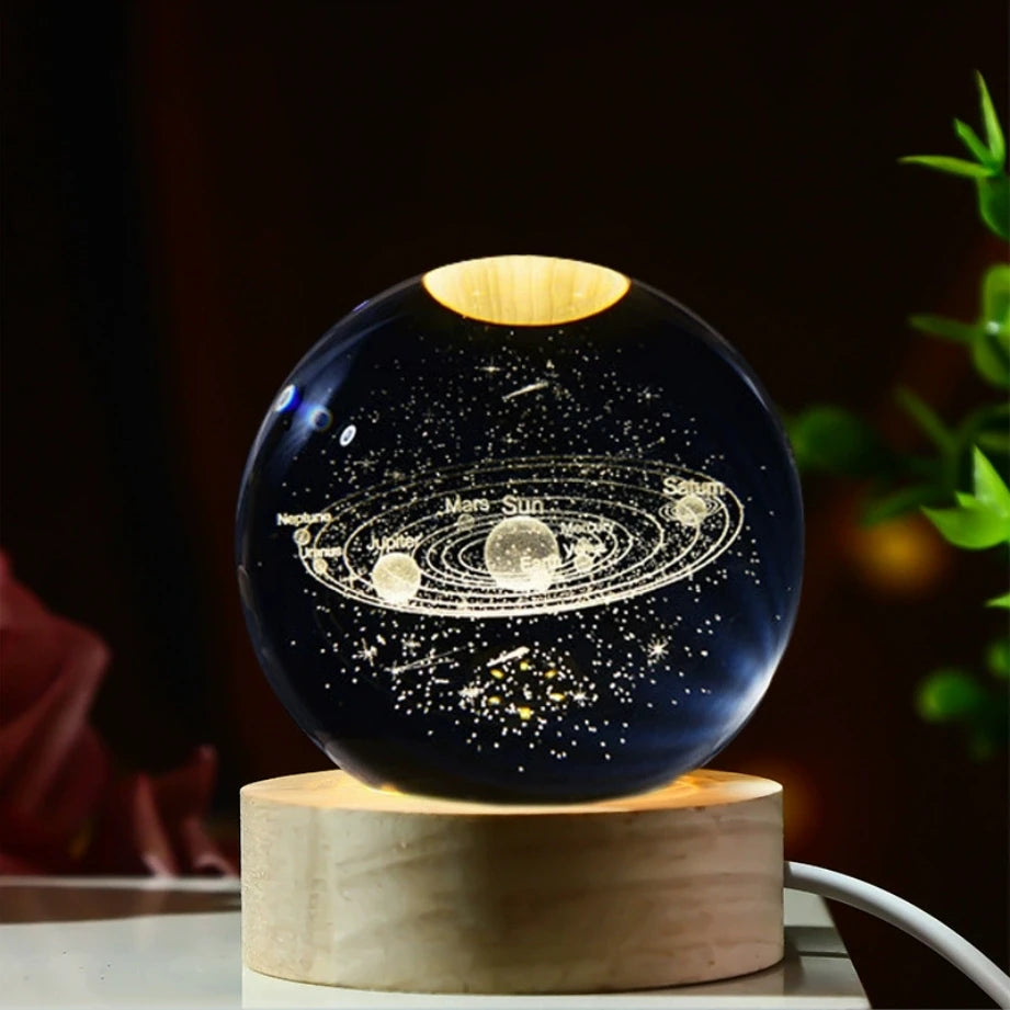 Galaxy Crystal Ball LED Night Light – 3D Planet Glow & Wooden Base | Smart Innovation