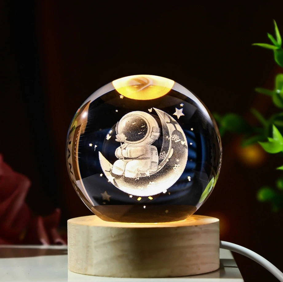 Galaxy Crystal Ball LED Night Light – 3D Planet Glow & Wooden Base | Smart Innovation