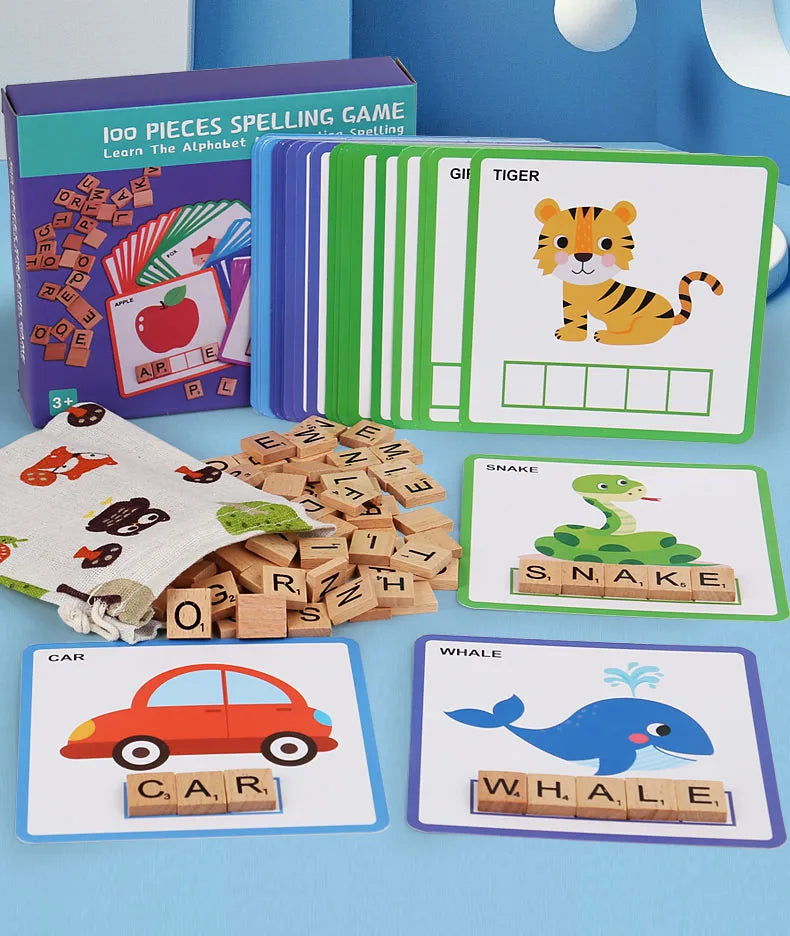 Montessori Wooden Spelling Puzzle – 100pcs Learning & Word Matching Game | Family Care