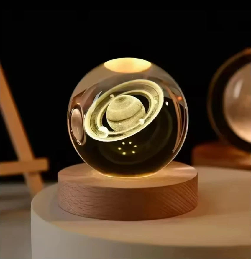 Galaxy Crystal Ball LED Night Light – 3D Planet Glow & Wooden Base | Smart Innovation
